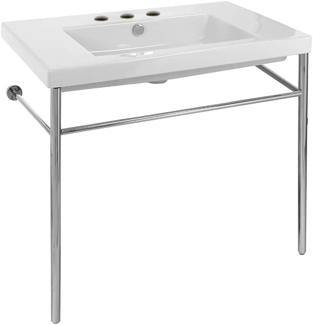 Tecla CAN02011-CON-Three Hole Cangas Rectangular Ceramic Console Sink and Polished Chrome Stand, White