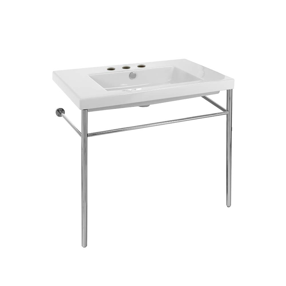 Tecla CAN02011-CON-Three Hole Cangas Rectangular Ceramic Console Sink and Polished Chrome Stand, White