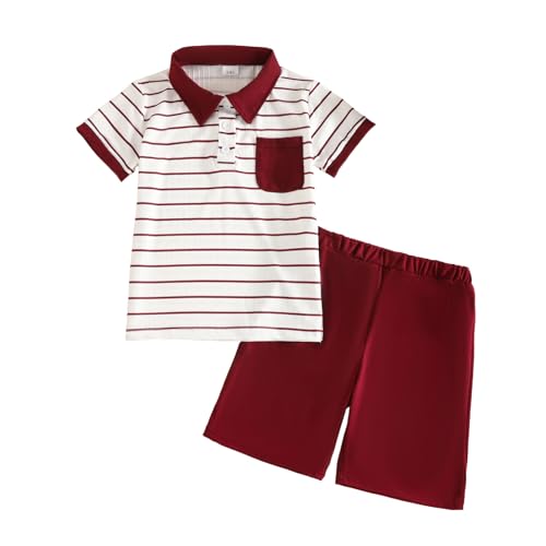 Image of Toddler Kid Boy Clothes Textured Striped Polo Collar Top Summer Shorts 2PC Summer Outfit Set