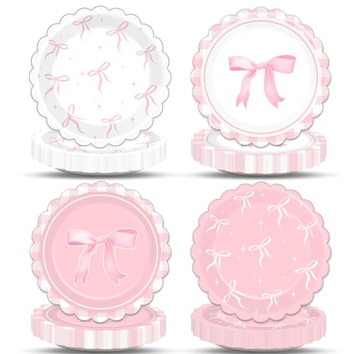 Justforjoyful 48pcs Pink Bow Party Supplies Bow Birthday Plates 7" Pink Bows Decor for Girl Bachelorette Bridal Engagement Baby Shower Cute Plates She's Tying the Knot Bachelorette Party Decor