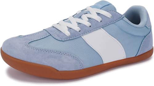 WHITIN Wide Toe Box Barefoot Sneakers for Women Suede Leather Zero Drop Sole Minimalist Shoes Size 8 Width 8W Laces Up Outdoor Blue Gum 39