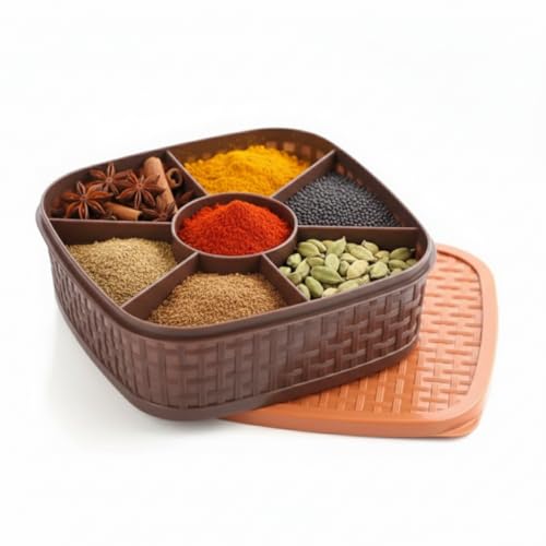 Image of Masala Box Set - 7 in 1 | BPA Free Plastic Spice Container | Multipurpose 7 Compartment Masala Rangoli Dabba | Kitchen Storage Organizer Box (19 cm, Brown)