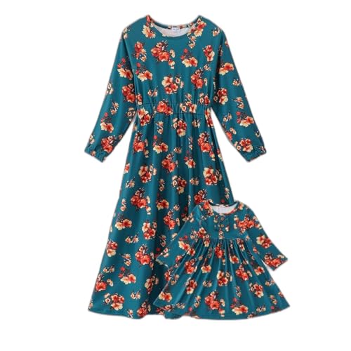 Girls Long Sleeve Floral Dress – Teal Fall Dress with Button Front and A-Line Skirt