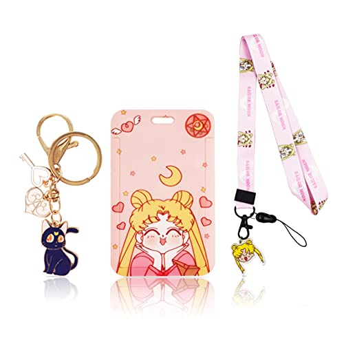 TJIUSI Sailor Moon Pink Lanyard for Keys ID Badge Holder Sailor's Moon Keychain Pink Anime Sailor Moon Card Holder and Luna icon Keychains for Women Men Teens Gifts, 7x11x0.3