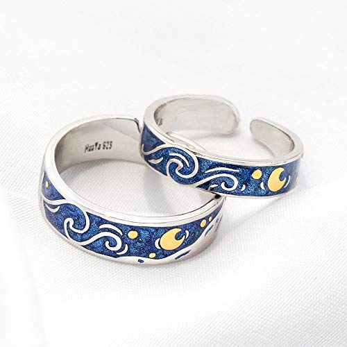 Image of Thaya 925 Sterling Silver Van Gogh's Sky Couple Rings Bright Shining River /Bee Promise Rings Blue Open Band Ring Engagement Romantic Jewelry Ring Size 5-8 Jewelry Gift for Women and Girls