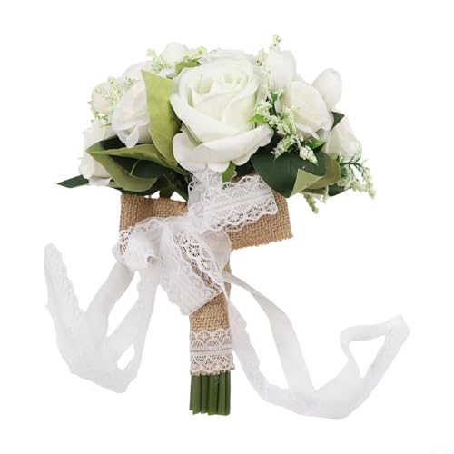 Ramo de boda artificial para novia y damas de honor, rosas de imitación con cinta de encaje, decoración floral de 20 x 25 cm para fotografía, ceremonia y recuerdo (blanco)