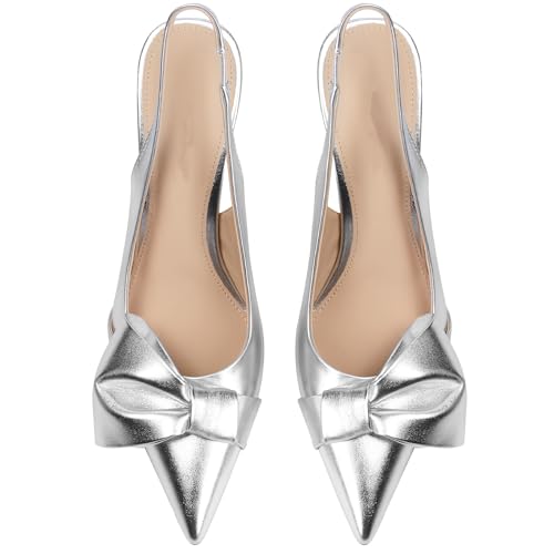 Moloershow Women's Slingback Heels with Bow Pointed Toe Pumps with Elasticated Strap 3.3" High Kitten Heels for Trendy Party Dress Shoes Silver Size 6.5 — view 6