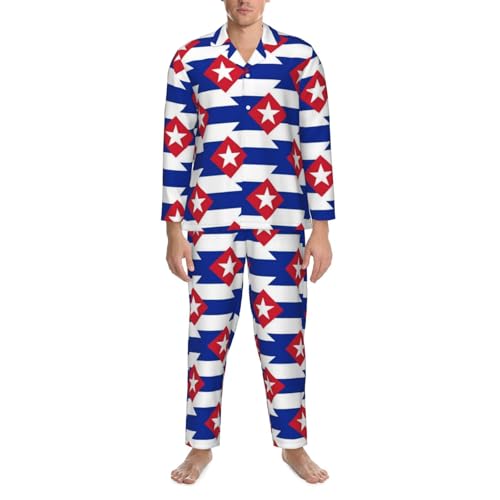 Cuba Flag Mens Pajamas Set Button Down Sleepwear Set Long Sleeve Loungewear With Pockets