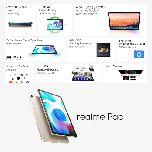 Image of realme Pad Slim Wi-Fi+LTE (Golden, 3GB RAM, 32GB Storage) | 10.4 inch WUXGA+ Display | Helio G80 Processor | LTE + Wi-Fi, microSD 1TB | 7100mAh Battery | 18W Charging | Slim Metal Body | Dual Speakers