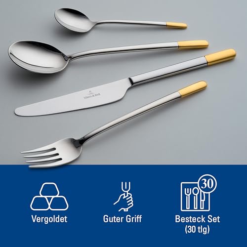 Villeroy & Boch Ella Service, 30 Pieces, Exclusive Stainless Steel Cutlery Leaf Appliqué for 6 People, Partially Gold Plated, Dishwasher Safe