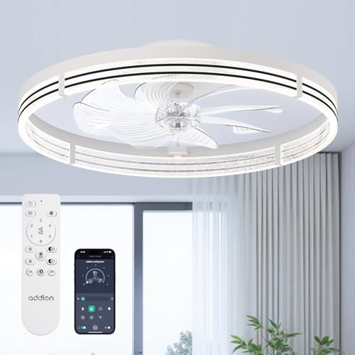 Image of addlon Ceiling Fans with Lights and Remote, 24'' Low Profile Ceiling Fans, 3000-6000K Dimmable Modern Flush Mount LED Fan Light, Fandelier Ceiling Fan for Bedroom, Kitchen, Living Room, White