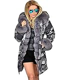 Aofur Womens Hooded Fur Lined Warm Down Coats Parkas Anoraks Outwear Winter Long Jackets (Small, Grey Camo_Grey Fur)