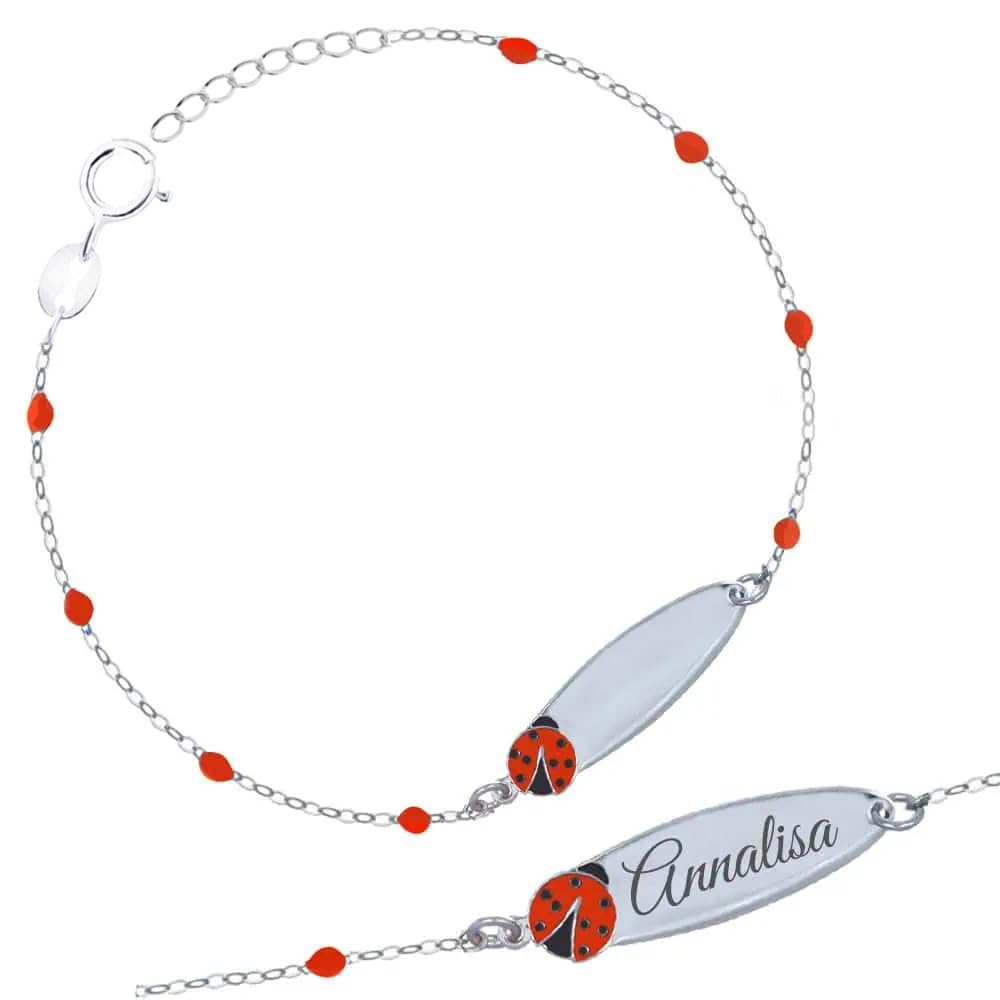 Bracciale Rosary in Argento 925 con Coccinella Smaltata e Piastrina Incidibile per Bambini Kids Collection + Confezione Regalo Personalizzata + Braccialetto per Nascita Comunione Battesimo Compleanno