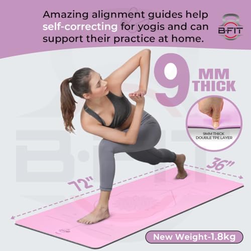Image of B Fit Extra Wide 36x72 Inchs 9 MM Thick Original TPE Yoga Mat - Free Yoga Bag and Strap Included - With Alignment System, Non-slip, Eco-friendly, sweat-resistant (Dark Purple-Ligt Blue)
