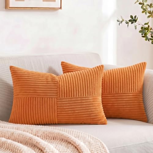 Image of Fancy Homi 2 Packs Orange Long Lumbar Decorative Throw Pillow Covers 16x24 Inch for Couch Bed Sofa, Rustic Farmhouse Boho Home Decor, Soft Striped Corduroy Rectangle Accent Cushion Case 40x60 cm