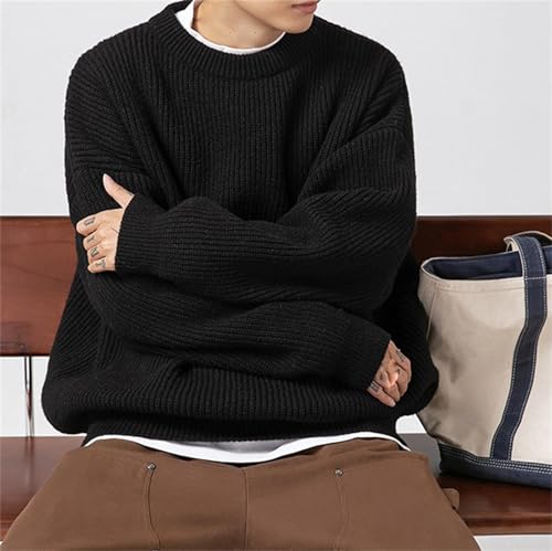Men's Knitted Sweaters Loose Fit Waffle Texture Pullover Casual Polo Crewneck Sweater4