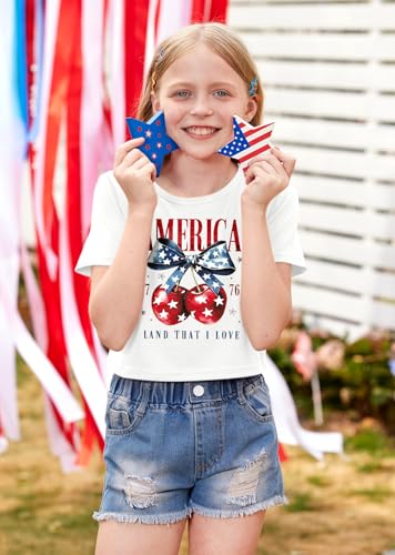 Image of BesserBay Kids Girls 4th of July Crop Tops American Flag Red White Blue Patriotic Bows USA Flag T-Shirts 6-14 Years
