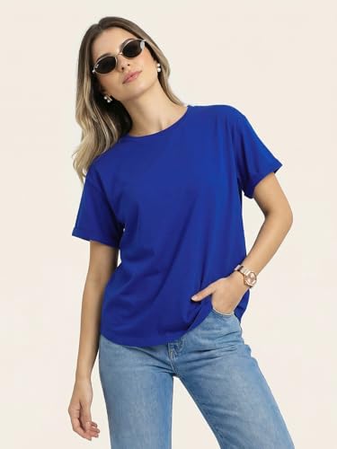 Image of JUNEBERRY Pure 100% Cotton Oversized Loose Fit Drop Shoulder Round Neck Boyfriend Fit Solid Half Sleeves T-Shirt for Women & Girls (Sizes: S to 2XL)
