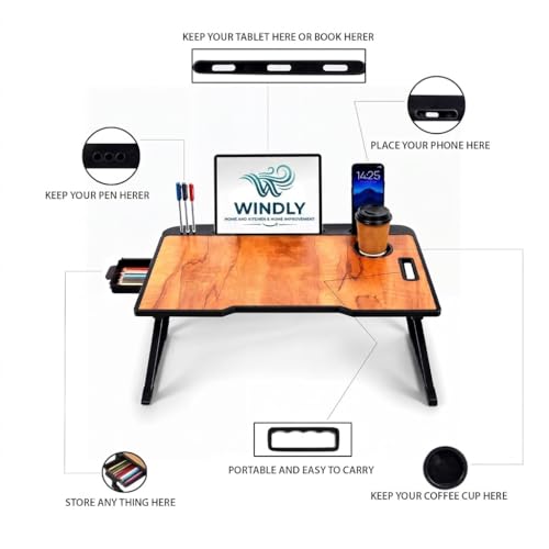 Image of WINDLY Wood Multipurpose Foldable Laptop Table with Cup Holder | Table Home Study Writing Table, Foldable and Portable /Ergonomic Edges Kids & Adults (Wood)