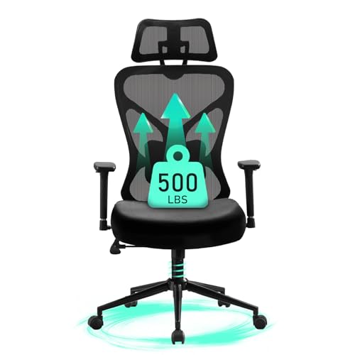 Big and Tall Office Chair, 500lbs Desk Chair, Ergonomic Office Chair,Adjustable Lumbar Support, 2D Headrest & 3D Armrest, Thickened Cushion has a Spring Pack in The Middle(Black)