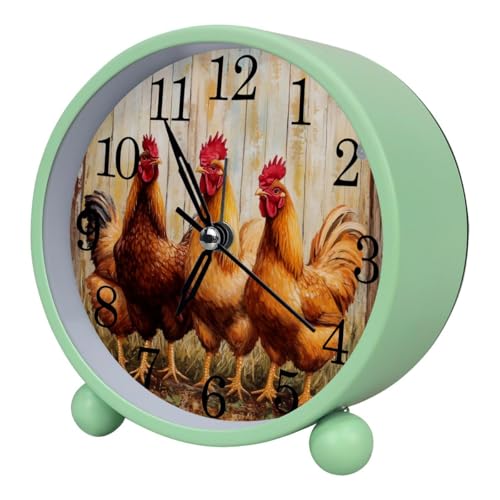 Luoweisi Reloj despertador con diseño de pollo, silencioso, sin tictac, con luz nocturna, reloj despertador redondo de metal para oficina, funciona con pilas, dormitorio, ancianos, adultos, niños