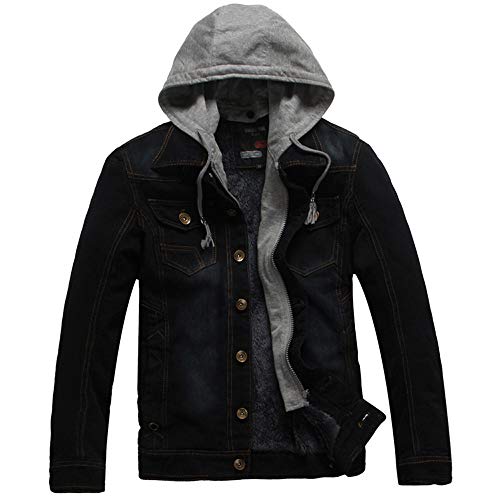 Landscap Men's Denim Jacket with Hood Winter Wash Distressed Trucker Jean Jacket Sherpa Fleece Lined Jackets Cowboy Coat(Black,L)