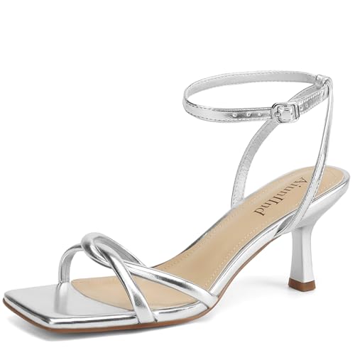AIUNIIND Kitten Heels for Women Square Open Toe Heeled Sandals Strappy Ankle Strap Shoes for Dress Party Low Heel Silver Size 8