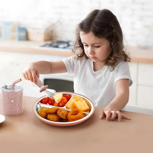 Image of PandaEar 6-in-1 Stainless Steel Baby Feeding Set | Divided Plate with Suction Cup, Bowl, Cup with Straw, Bib, Spoon and Fork | BPA-Free Self-Weaning Accessories (Pink)