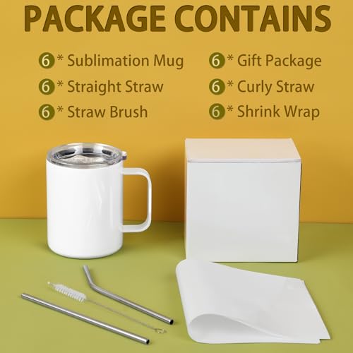 Wzaytia 12 Oz Sublimation Coffee Mug Blanks With Handle, 6 Pack Stainless Steel Sublimation Coffee Tumbler, Individually Boxed, White