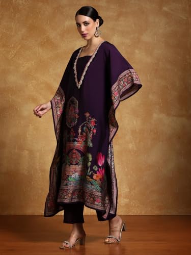 Image of Varanga Women-Zari & Sequin Detailed Ethnic Printed Flared Kaftan With Trouser