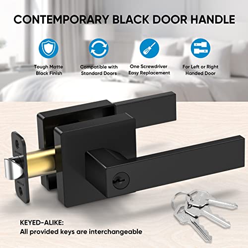 Ticonn Black Door Handle Heavy Duty, Matte Black Reversible Square Door Lever For Bedroom, Bathroom And Rooms (Keyed Entry - Keyed Alike, 5 Pack, Black) #TOP2