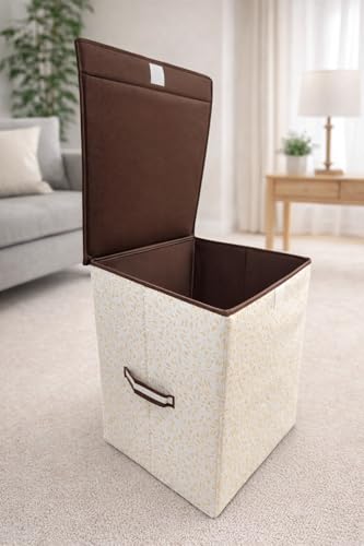 Image of QUAIL 75L Leaf Printed Foldable Laundry Basket with Lid, Beige & Brown Fabric Laundry Hamper with Handles, Dirty Clothes Organizer, Collapsible Storage Bin for Bedroom, Bathroom & Laundry Room