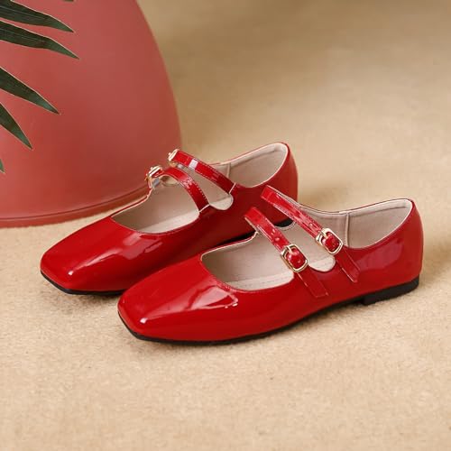 Optigard Women's Patent Leather Mary Jane Flats Comfortable Square Toe Adjustable Double Strap Flat Dress Shoes3
