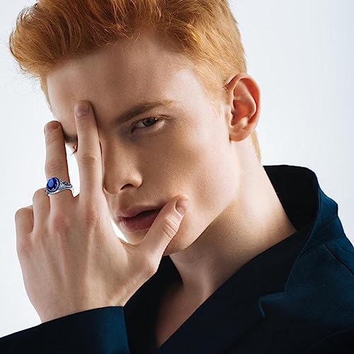 Silver Blue Sapphire Ring for Men Solid 925 Sterling Silver Oxidized Handmade Trendy Men's Ring Customized Ottoman Blue Gemstone Ring for Men Boyfriend Husband Engagement Wedding Size 4 to 162