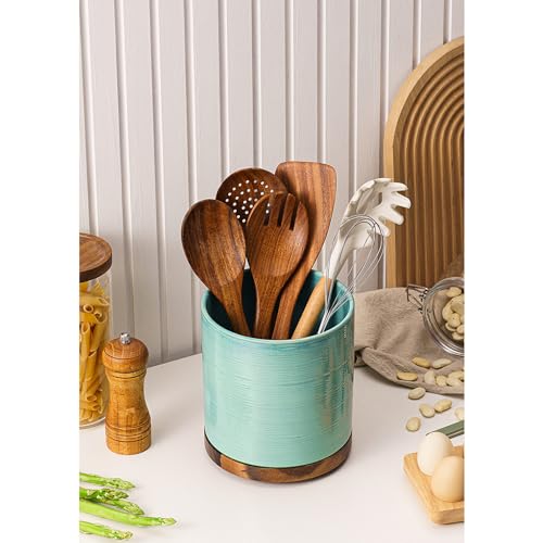 Image of Utensil Holder, 360 Rotating Extra Large Ceramic Kitchen Utensil Holder for Countertop, Cooking Utensil Crocks for Counter with Rotatable Wooden Base, Farmhouse Kitchen Decor, Green
