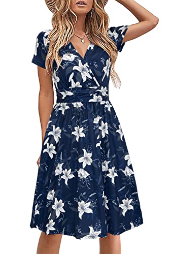 STYLEWORD Damen Sommerkleid Kurzarm V-Ausschnitt Kleider Blumenmuster Kleid Strandkleid Mit Taschen(Floral23,Mittel)