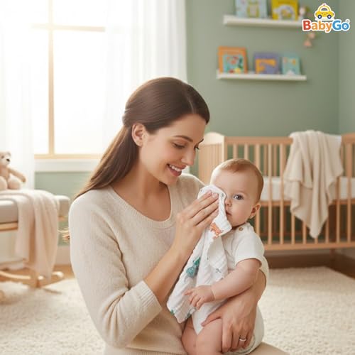 Image of BabyGo Muslin Baby Washcloths - 6 Layer Ultra Soft Cotton Baby Towels | Highly Absorbent Face Towels for Newborns, Kids & Toddlers | Quick Dry Burp Cloths & Bath Essentials - Pack of 4