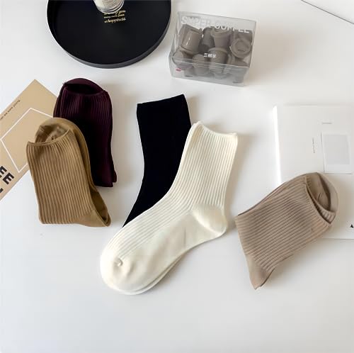 Bigbigme Women's Solid Striped Textured Ribbed Knit Casual Basic Style Crew Socks,Thin Cotton Socks Breathable, Soft Socks For Business Daily,5 Pairs #TOP4