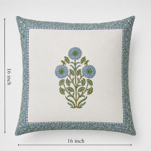 Image of Cotton Cushion Covers 16x16 Inch - Hand Block Floral Print Pillow Covers for Sofa, Couch & Bedroom (Pack of 5) (Blue Yellow)