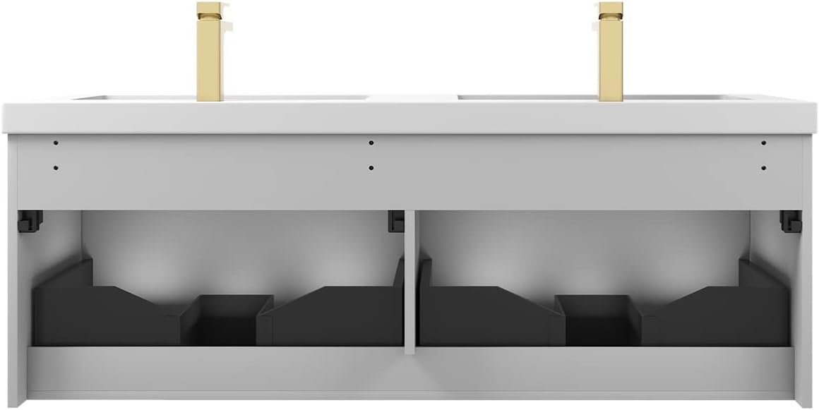 Blossom 60 Inch Solid Wood Double Sink Bathroom Vanity - Luxury Floating Master Bath Cabinet with 5-Layer Humidity Shield, Modern Light Grey, Soft-Close Drawers & Scratch-Resistant Acrylic Sink