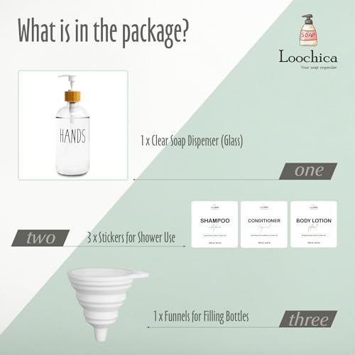 Image of LOOCHICA Clear Glass Soap Bottle - Hands Free Dispenser for Kitchen or Bathroom