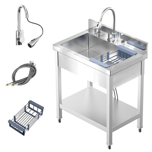 PurezmMoto 28 Commercial Stainless Steel Utility Sink Single Bowl Freestanding Kitchen Sink with Hot & Cold Water Faucet Drain Kit & Hoses for Restaurant Laundry Room Garage