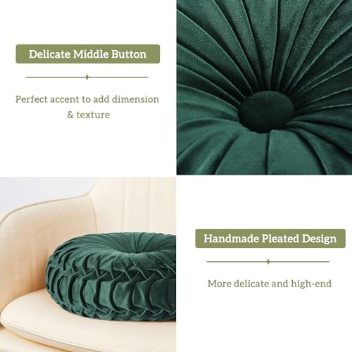 Image of HIG Set of 2 Decorative Round Pleated Throw Pillows, Classy Accent Pumpkin Throw Pillows with Center Button, Vintage Velvet Floor Pillows for Sofa Vanity Chair Bed, Emerald, 14.5 inch Diameter(Ripple)