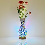 JAITAIK Turkish Moroccan Mosaic Vase Lamp Handmade Table Lamp Glass Vase with Wood Base, USB Plug Dimmable Bedside Lamp, Perfect for Bedroom or Living Room Décor