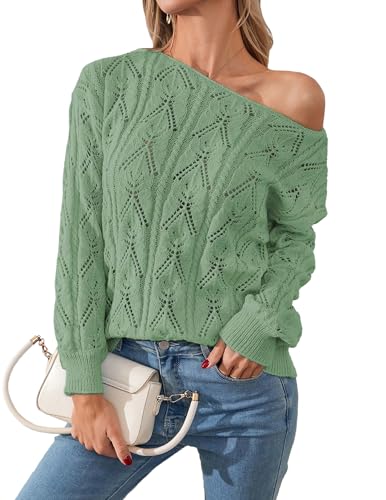 Image of Libsorge Womens Cute Sexy Off The Shoulder Crochet Knit Sweater Fall Winter 2025 Trendy Lightweight Boat Neck Pullover Top