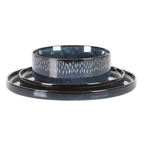 Image of Gibson Elite 12 Piece Matisse Moderna Stoneware Reactive Glaze Plates and Bowls Dishes Dinnerware Set - Cobalt Blue