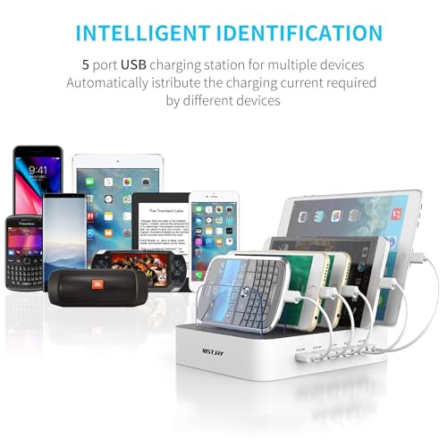 Image of MSTJRY Charging Station for Multiple Devices : 5 Port Multi USB-A Charger Stations Multi-Device Organizer Charging Dock Designed for iPhone iPad Cell Phone Tablets (7 Short Cables Included)