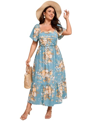 Image of ShopWonder Women Plus Size Dress Short Sleeve Square Neck Floral Maxi Pleated Ruffle A Line Long Dress