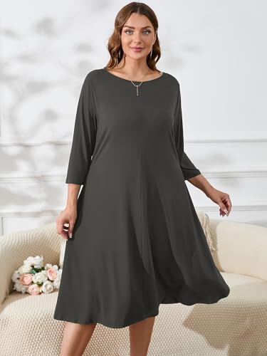 Image of AusLook Women's Plus Midi Dresses Crew Neck A Line 3 /4 Sleeves Casual Elegant Loose Wedding Vacation Dress with Pockets