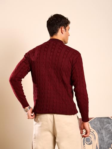 Image of Kvetoo Men's Wool High Neck Zipper Sweater, Full Sleeve Cable Knit Quarter Zip Winter Pullover